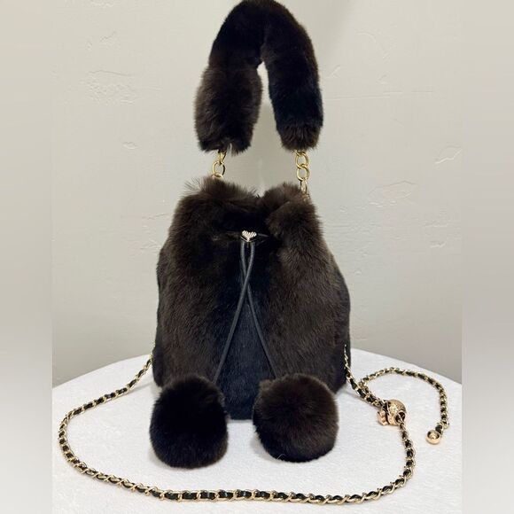 Chocolate Handmade Genuine Rex Rabbit Fur & Drawstring Bucket Bag/Crossbody - Picture 1 of 16